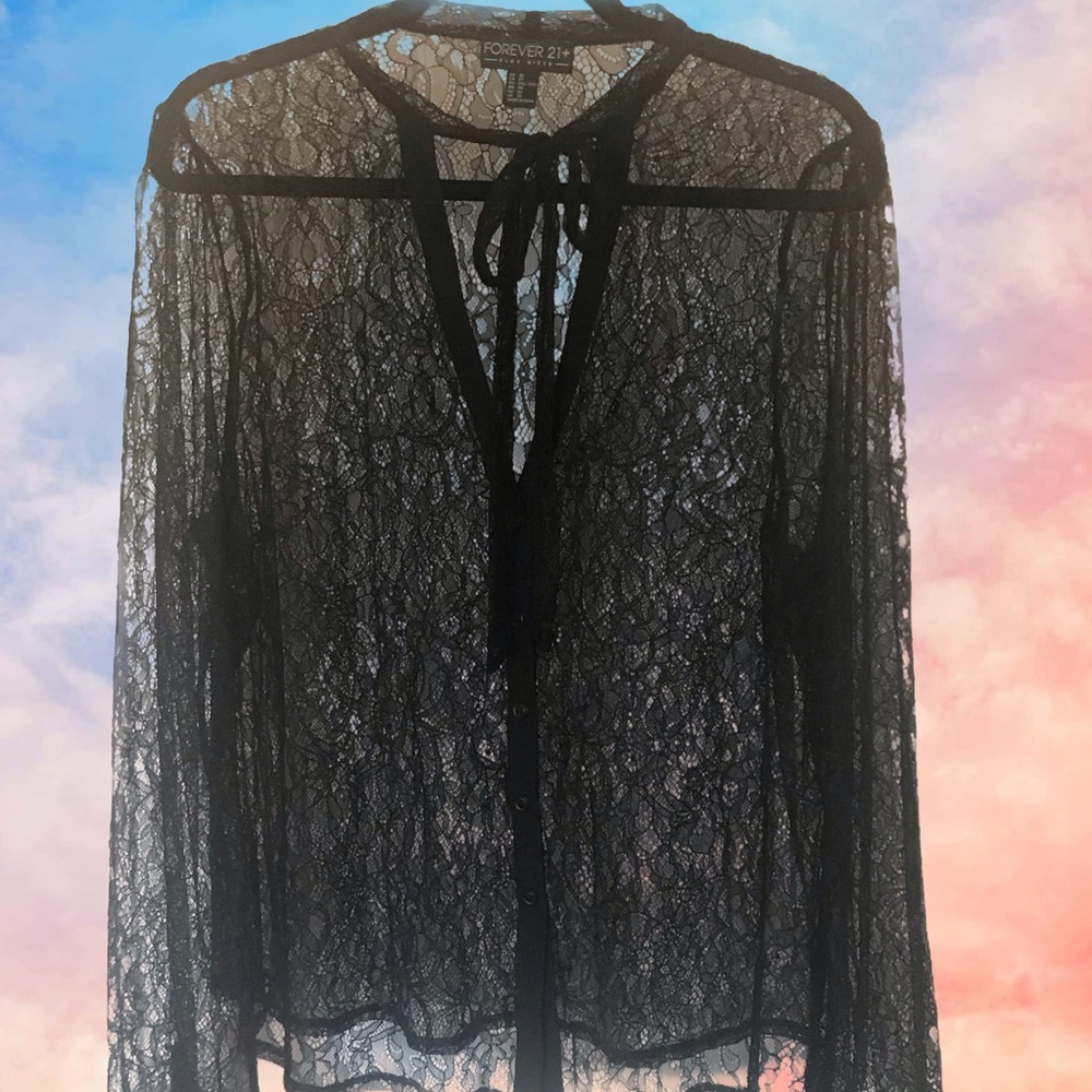 Plus Size Tie Front Lace Blouse